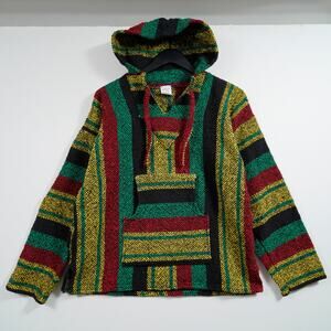 Baja Joe Striped Baja Hoodie Poncho Mexico Woven Pullover Size M
